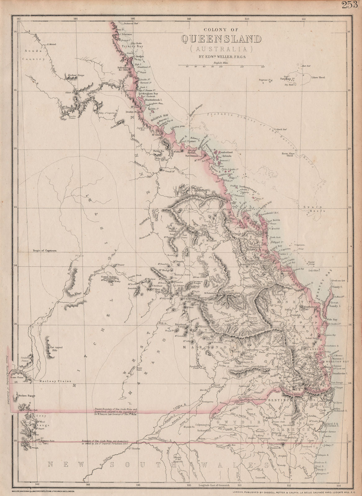 'COLONY OF QUEENSLAND (AUSTRALIA)'. Current & 1850 NSW border. WELLER 1863 map
